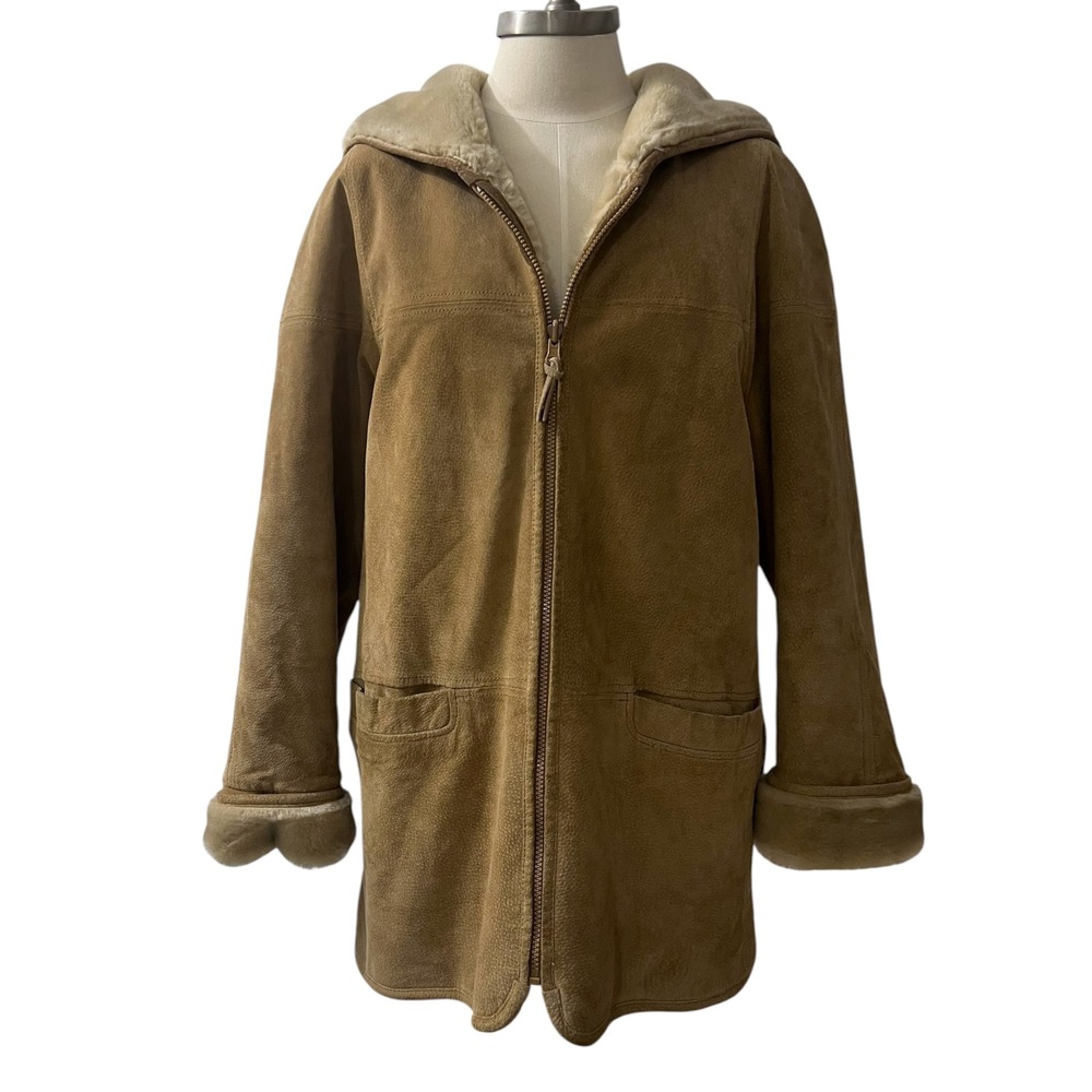 Winlit New York Reversible Genuine Leather Suede Faux Fur Hooded Coat Tan Medium - Picture 2 of 11